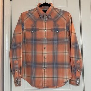 RRL, Ralph Lauren, Peach & Light Blue, Western Flannel, Pearl Snaps, Size 3